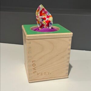 Lovevery Wooden Play Tissue Box - Green Top with Multicolor Cloth